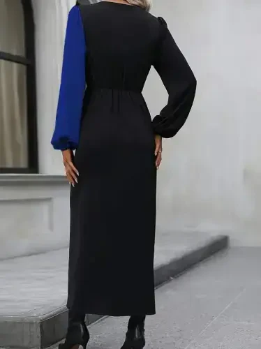 Ayollar uzun qisma ko'ylak kruvaze yoqali beldan chiziqli detall çift rangli midi import krep ko'ylak - 4