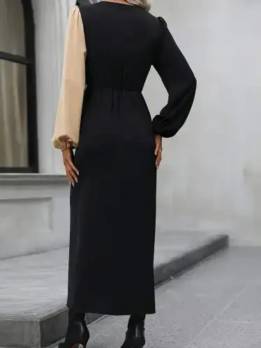 Ayollar uzun qisma ko'ylak yoqali beldan chalishtirilgan detalli juft rangli midi import qilingan krep ko'ylak - 6