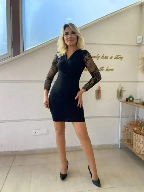 Ayollar uzun qisma krossovkali yoqali qisma qo'llar to'r detal krep mini bo'yi ko'ylak - 6