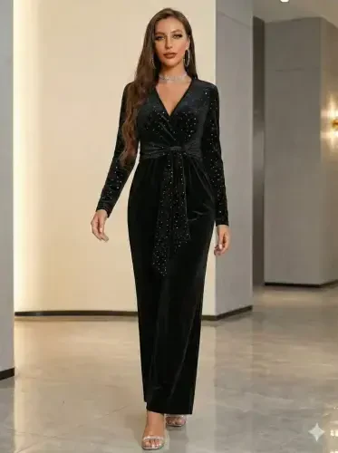 Ayollar uzun qisma kruvasan yoqali beldan kamarli yaltiroq baxmal kombinezon - 4