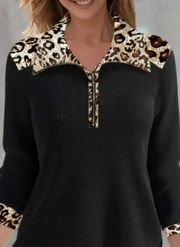 Ayollar uzun qisma leopard yoqali fermuarlı vafli bluzka - 2