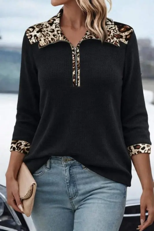 Ayollar uzun qisma leopard yoqali fermuarlı vafli bluzka - BÜYÜKBEDENIZ