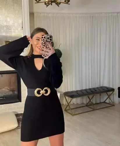 Ayollar uzun qisma ochiq yelkali bo'yinbog'li batafsil ko'ylak - BÜYÜKBEDENIZ (1)