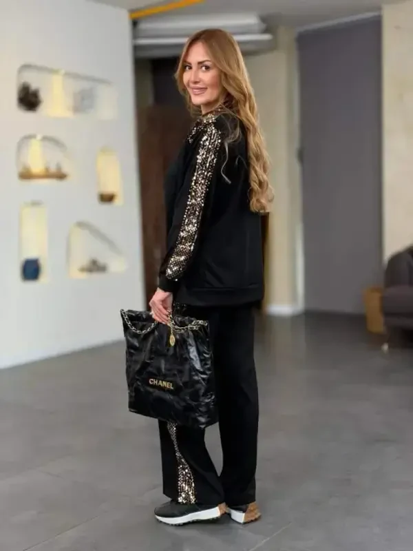 Ayollar uzun qisma old fermuarli payetli detalli bluz va shimlar ikki qismli kostyum - 5