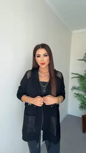 Ayollar uzun qisma old fermuarli to'rli detallari bel bog'ichli qisqa modal kurtka - BÜYÜKBEDENIZ (1)