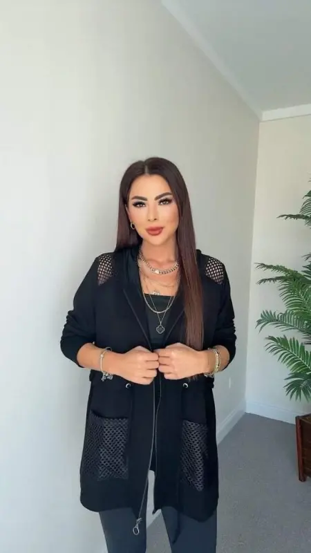 Ayollar uzun qisma old fermuarli to'rli detallari bel bog'ichli qisqa modal kurtka - 2