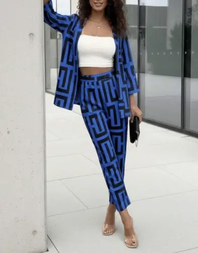 Ayollar uzun qisma oldi ochiq naqshli ikki ip ceket va shimlar ikki qismli kostyum - 1