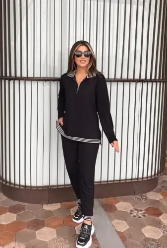 Ayollar uzun qisma ribbed va fermuar detallari bluz va yuqori bel pantolon 2li to'plam - BÜYÜKBEDENIZ (1)