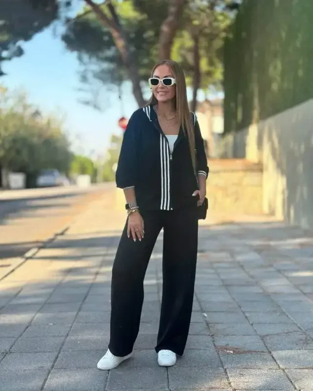 Ayollar uzun qisma shapkali uning chiziqli detallari fermuarli viskon ikki ipli bluz va shimlar ikkilik to'plami - 3