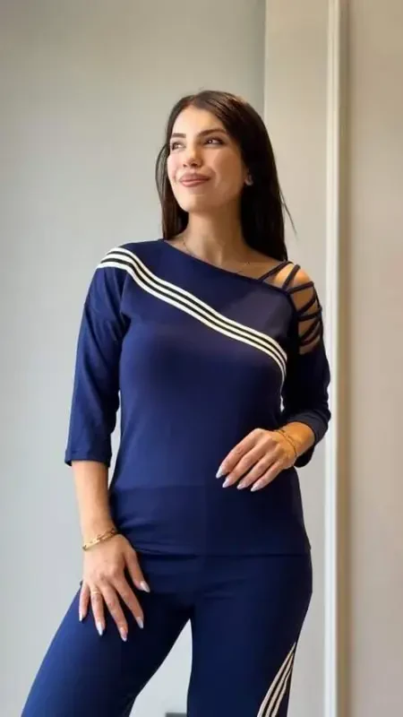 Ayollar uzun qisma Truvakar yengi Yagona yelka chiziqli detallari Ribanalı Viscose Ikki ipdan tikilgan bluz va shimlar to'plami - 2