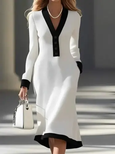 Ayollar uzun qisma V-bo'yin tugmachali midi modal ko'ylak - 1