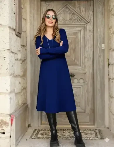 Ayollar uzun qisma V bo'yinli keng midi akril ko'ylak - 1