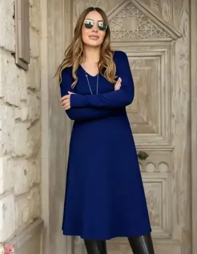 Ayollar uzun qisma V bo'yinli keng midi akril ko'ylak - BÜYÜKBEDENIZ (1)