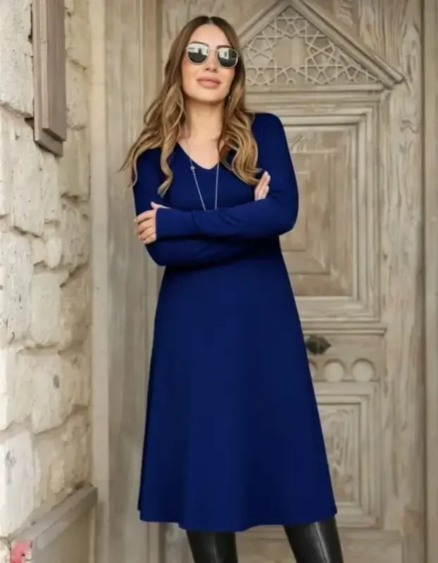 Ayollar uzun qisma V bo'yinli keng midi akril ko'ylak - 2