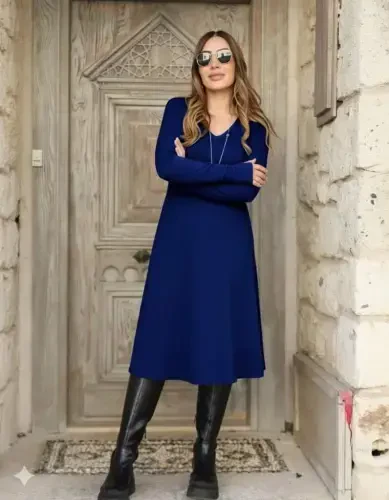 Ayollar uzun qisma V bo'yinli keng midi akril ko'ylak - 3