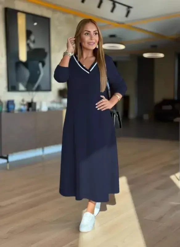 Ayollar uzun qisma V bo'yinli midi modal ko'ylak - 2