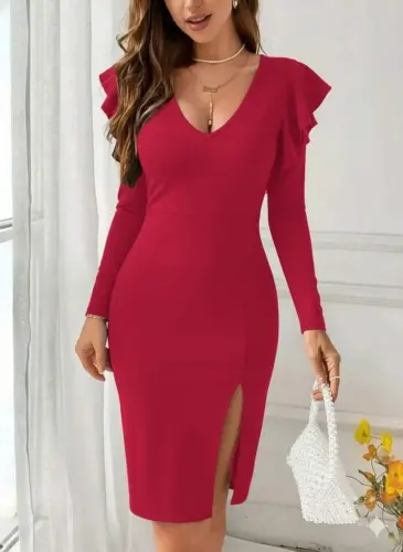 Ayollar uzun qisma V bo'yinli yon tomonidan yirtilgan midi import qilingan krep ko'ylak - 1