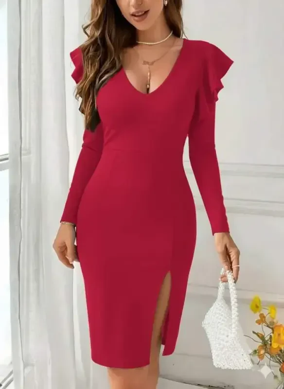 Ayollar uzun qisma V bo'yinli yon tomonidan yirtilgan midi import qilingan krep ko'ylak - 1