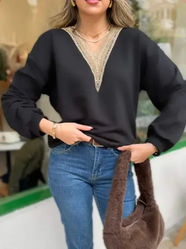 Ayollar uzun qisma V Dantel Yaka şardonsiz uch ipdan bluz - 4