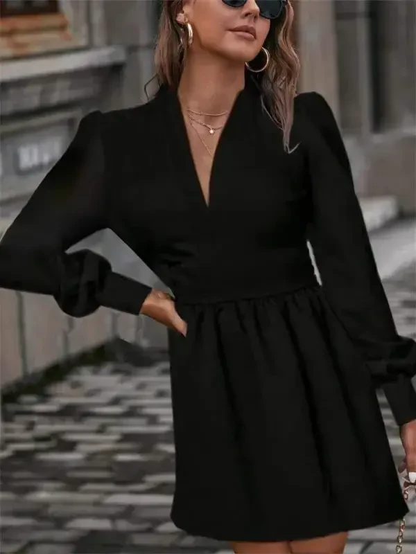 Ayollar uzun qisma V yoqali belidan ozgina burmali skuba krep mini bo'yli ko'ylak - 3