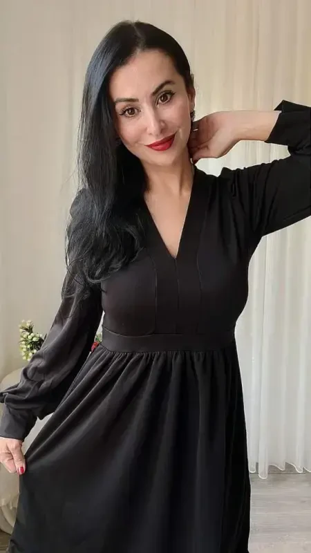 Ayollar uzun qisma V yoqali belidan ozgina burmali skuba krep mini bo'yli ko'ylak - 4