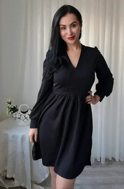 Ayollar uzun qisma V yoqali belidan ozgina burmali skuba krep mini bo'yli ko'ylak - 7