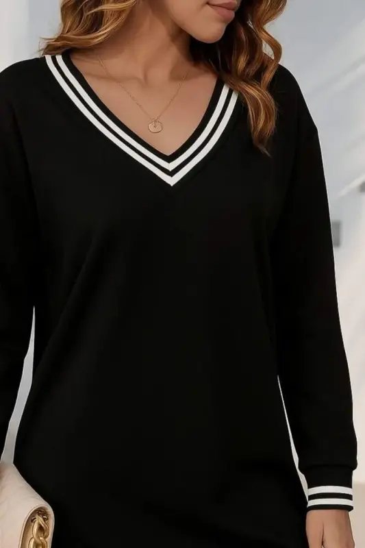 Ayollar uzun qisma V yoqali chiziqli detalli qisqa viskoza ikki ipdan tikilgan ko'ylak - 2