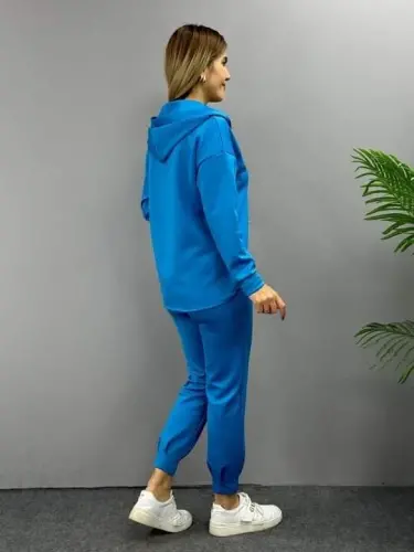 Ayollar uzun qisma V yoqali kapüşon detalli svitshot va baland belli sport shimlar to'plami - 9