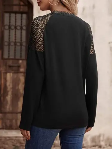 Ayollar uzun qisma V yoqali krujevali viskoza bluzasi - BÜYÜKBEDENIZ (1)