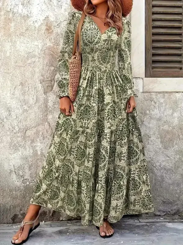 Ayollar uzun qisma V yoqali naqshli yuqori sifatli ko'ylak - 4