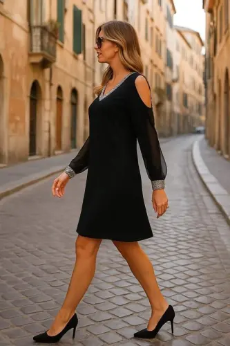 Ayollar uzun qisma V yoqali qollari tyul yirtqich detallari qo'l manjetlari va yoqa payetli krep ko'ylak - 4