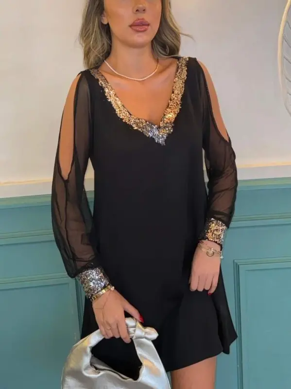 Ayollar uzun qisma V yoqali qollari tyul yirtqich detallari qo'l manjetlari va yoqa payetli krep ko'ylak - 9