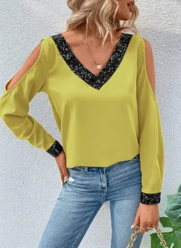 Ayollar uzun qisma V yoqali yelkadan ochiq sandy bluzka - 3