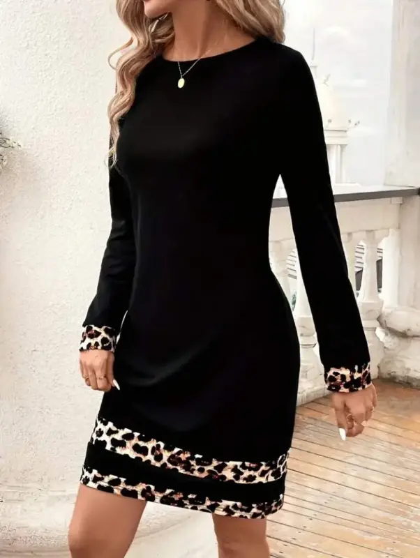Ayollar uzun qisma velosiped yoqali chiziqli leopard naqshli kalta dalg'ich ko'ylak - 2