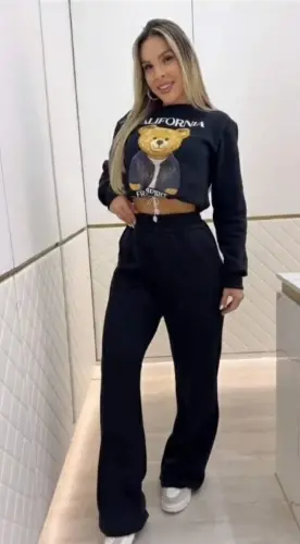 Ayollar uzun qisma velosiped yoqali naqshli ikki ipli shardonli bluz va shim ikki qismli kostyum - 1