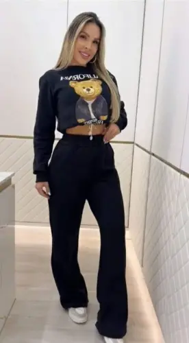 Ayollar uzun qisma velosiped yoqali naqshli ikki ipli shardonli bluz va shim ikki qismli kostyum - 3