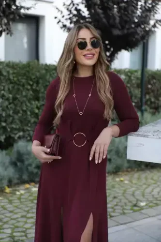 Ayollar uzun qisma velosiped yoqali oldidan halqali detallari yirtigli uzun viskon ikki ipli ko'ylak - BÜYÜKBEDENIZ (1)