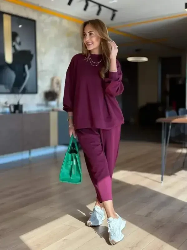 Ayollar uzun qisma velosiped yoqali viskoza ikki ipdan tikilgan binafsha bluzka va shimlar to'plami - 1