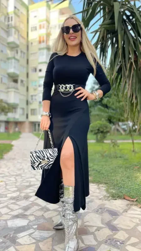 Ayollar uzun qisma velosiped yoqali yirtqichli kamarli uzun qulupnay ko'ylak - 3