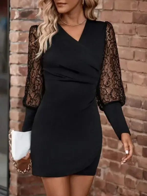 Ayollar uzun qisma xoch yoqali qo'llari to'rli detallari Krep mini uzunlikdagi ko'ylak - 4