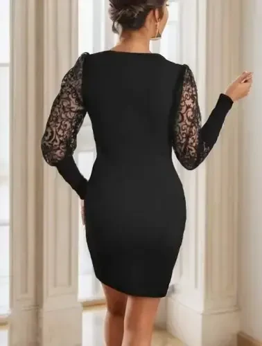 Ayollar uzun qisma xoch yoqali qo'llari to'rli detallari Krep mini uzunlikdagi ko'ylak - 10