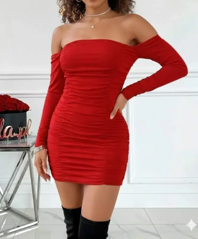 Ayollar uzun qisma yelkali ochiq yelkali burmali qumli mini ko'ylak - 1