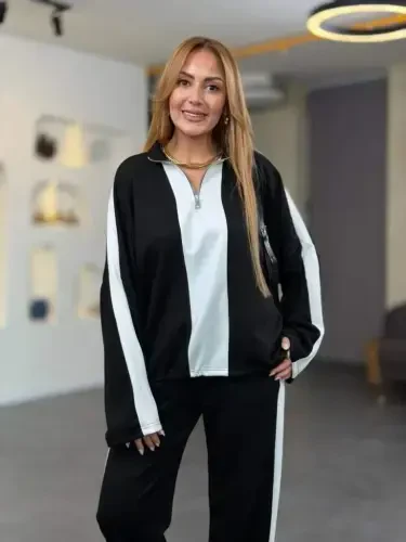 Ayollar uzun qisma yoqadan fermuarlı viskon ikki ip bluz va shim ikki qismli kostyum - BÜYÜKBEDENIZ (1)