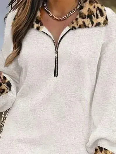 Ayollar uzun qisma yoqali old fermuarli leopard detallari mini plush ko'ylak - 2