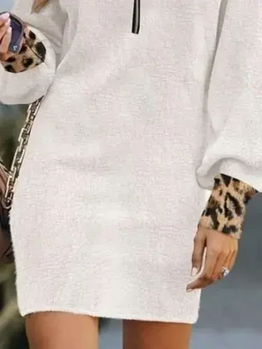 Ayollar uzun qisma yoqali old fermuarli leopard detallari mini plush ko'ylak - 3