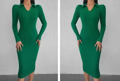 Ayollar uzun qisma yoqali trikotaj ko'ylak - 3