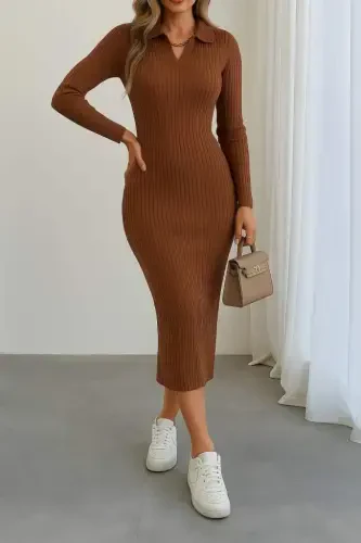 Ayollar uzun qisma yoqali trikotaj ko'ylak - 1