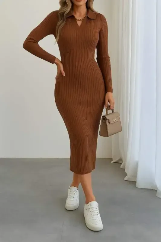 Ayollar uzun qisma yoqali trikotaj ko'ylak - 3