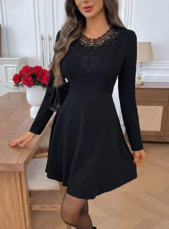 Ayollar uzun qollari dantelli yoqali mini import krep ko'ylak - 1