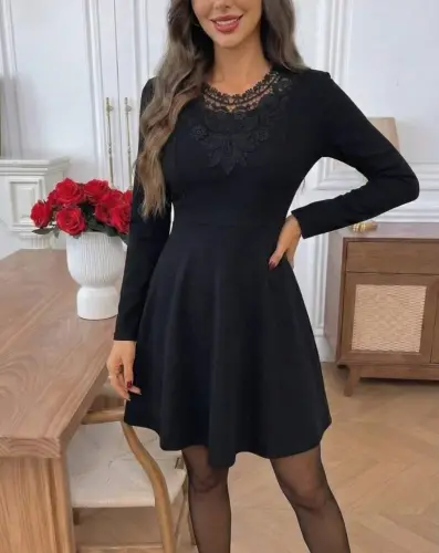 Ayollar uzun qollari dantelli yoqali mini import krep ko'ylak - 2